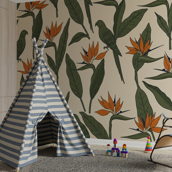 Kinderzimmer Tapete | Exotische Vögel und bunte Blumen auf hellem Hintergrund