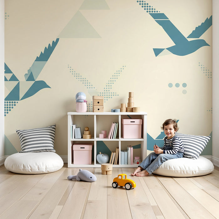 Papel de parede criança | Păsări geometrice zburând pe fundal moale
