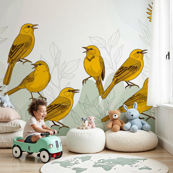 Behang kinderkamer | Gele zingende vogels tussen delicate bladeren