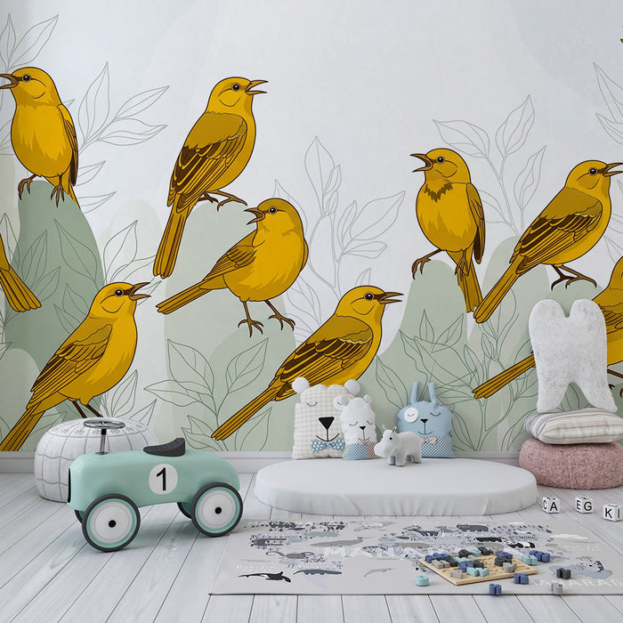 Behang kinderkamer | Gele zingende vogels tussen delicate bladeren