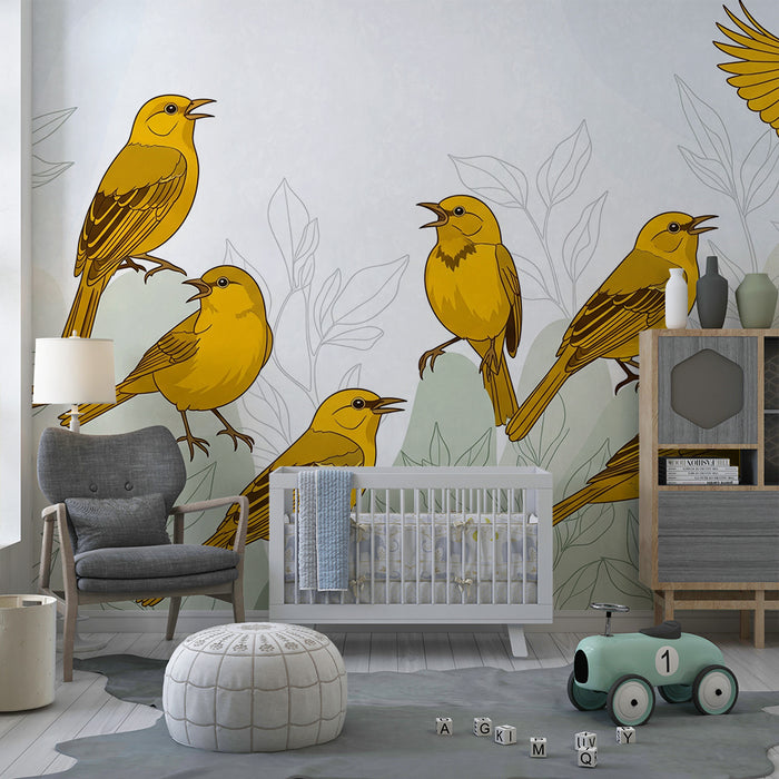 Behang kinderkamer | Gele zingende vogels tussen delicate bladeren