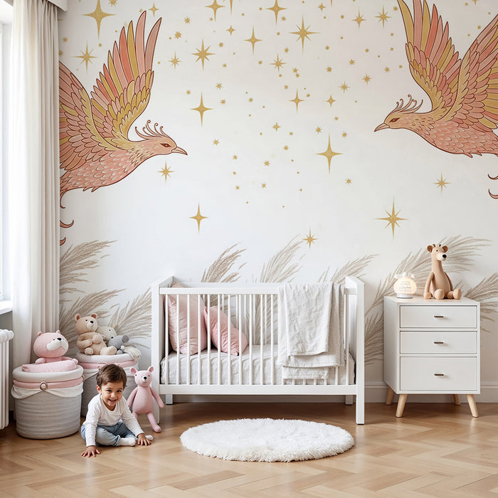 Papier peint chambre enfant | Oiseaux majestueux et étoiles scintillantes