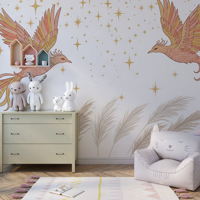 Papier peint chambre enfant | Oiseaux majestueux et étoiles scintillantes