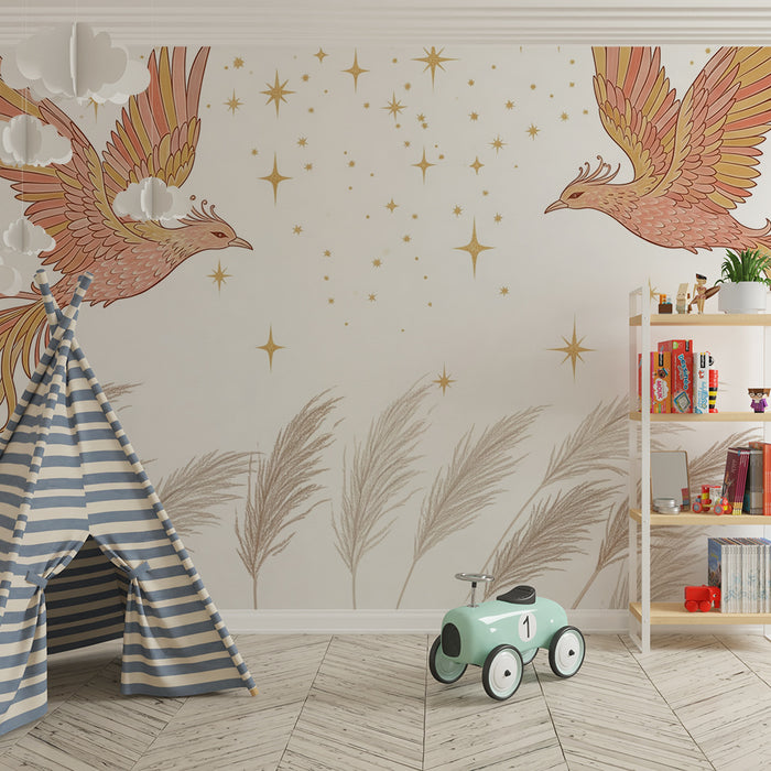 Papier peint chambre enfant | Oiseaux majestueux et étoiles scintillantes