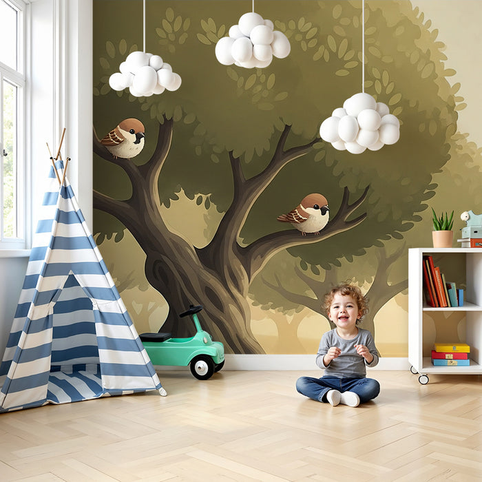 Papel pintado infantil | Pájaros adorables posados en árboles en un ambiente suave