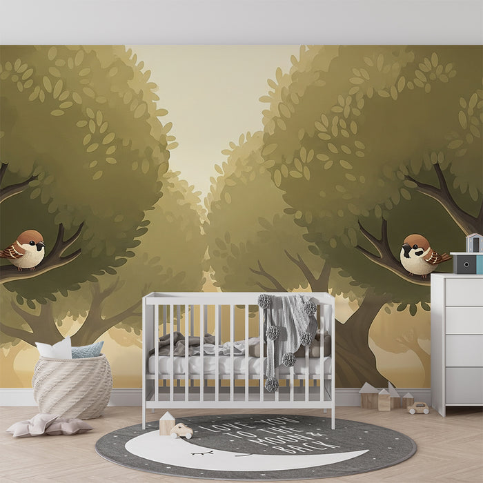 Papel pintado infantil | Pájaros adorables posados en árboles en un ambiente suave