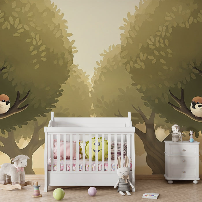 Papel pintado infantil | Pájaros adorables posados en árboles en un ambiente suave