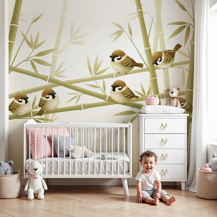Papel de parede para quarto infantil | Pássaros fofos empoleirados em hastes de bambu