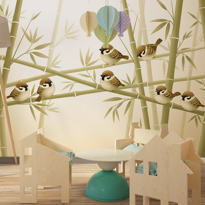 Papel de parede para quarto infantil | Pássaros fofos empoleirados em hastes de bambu