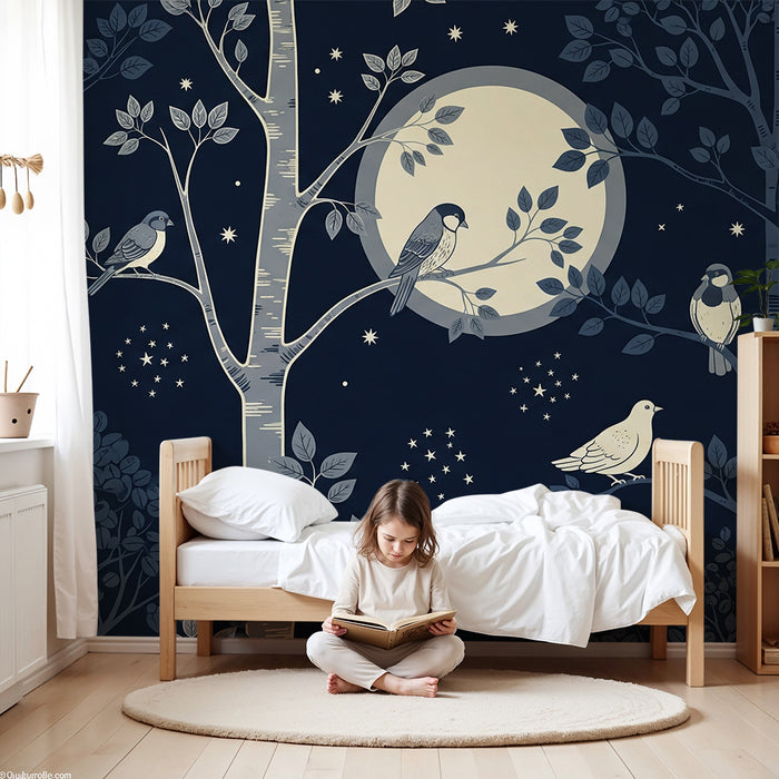 Papel pintado infantil | Pájaros nocturnos bajo la luna brillante
