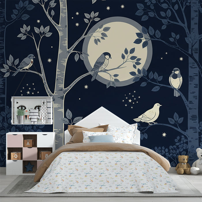 Papel pintado infantil | Pájaros nocturnos bajo la luna brillante