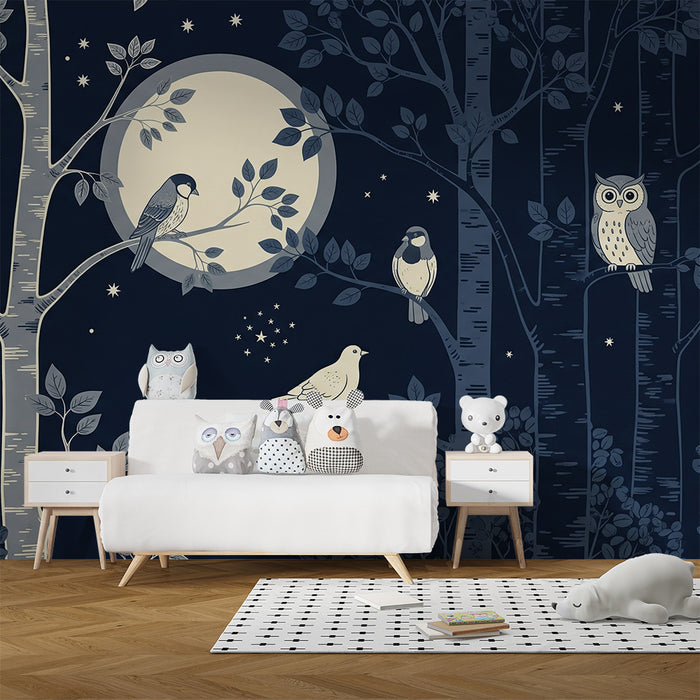 Papel pintado infantil | Pájaros nocturnos bajo la luna brillante