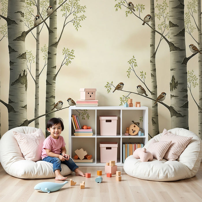 Papier peint chambre enfant | Oiseaux perchés sur des bouleaux dans une ambiance douce