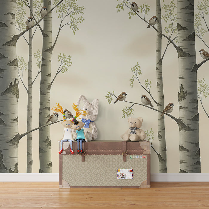Papier peint chambre enfant | Oiseaux perchés sur des bouleaux dans une ambiance douce
