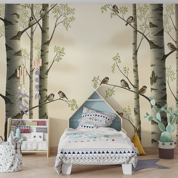 Papier peint chambre enfant | Oiseaux perchés sur des bouleaux dans une ambiance douce