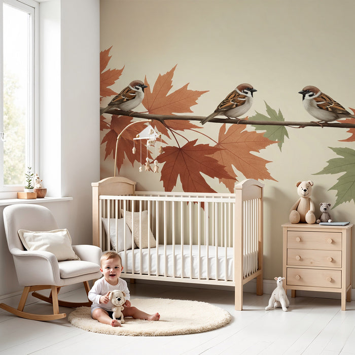 Children's bedroom wallpaper | Birds on a branch with autumn leaves