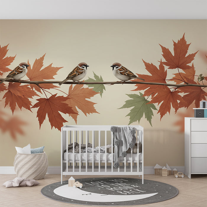 Children's bedroom wallpaper | Birds on a branch with autumn leaves