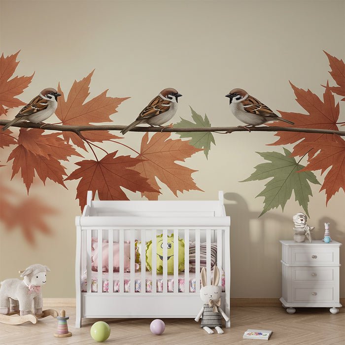Children's bedroom wallpaper | Birds on a branch with autumn leaves