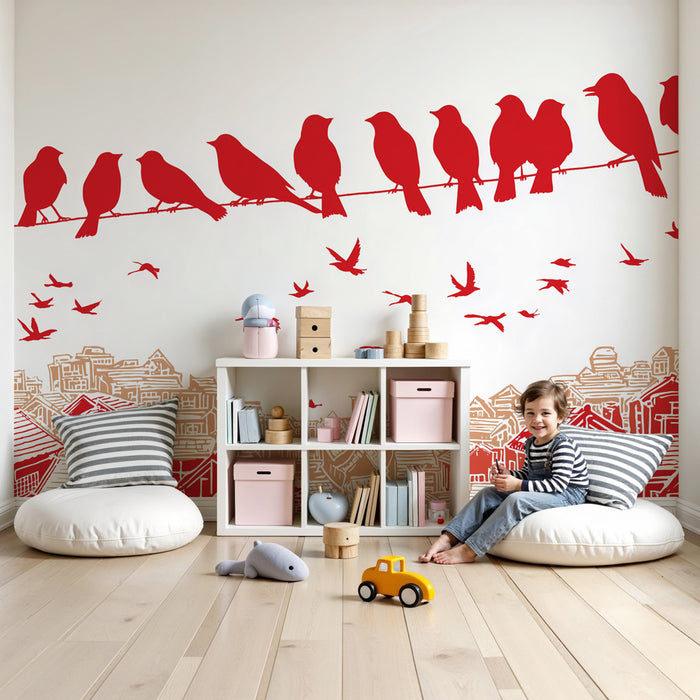 Papier peint chambre enfant | Oiseaux sur une ligne électrique et maisons stylisées