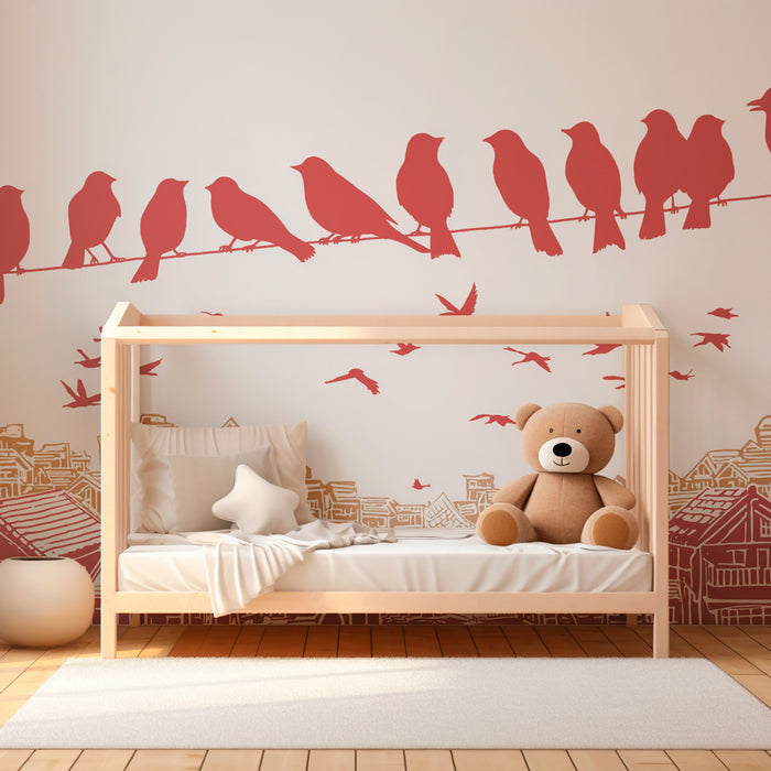 Papier peint chambre enfant | Oiseaux sur une ligne électrique et maisons stylisées