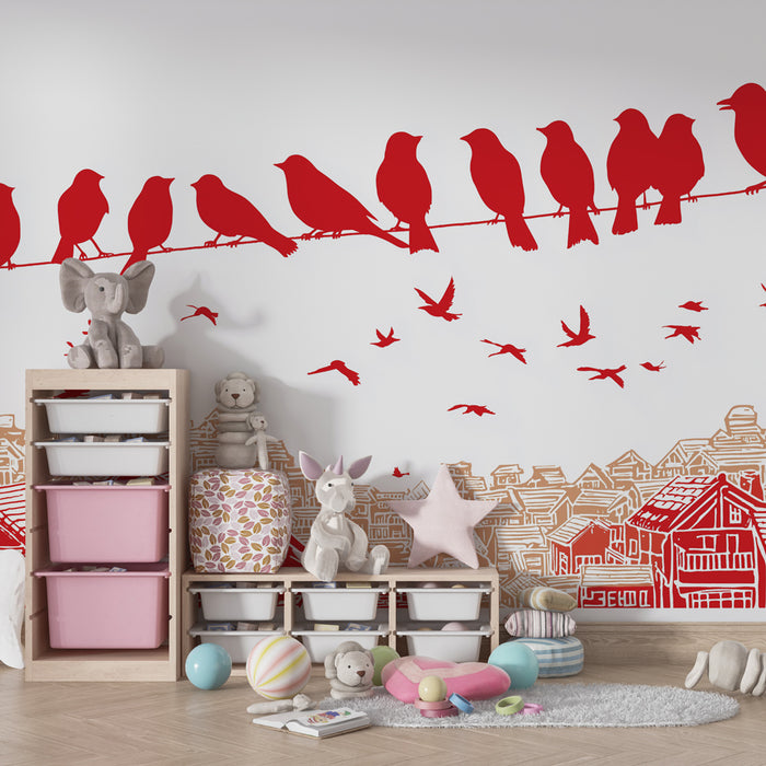 Papier peint chambre enfant | Oiseaux sur une ligne électrique et maisons stylisées