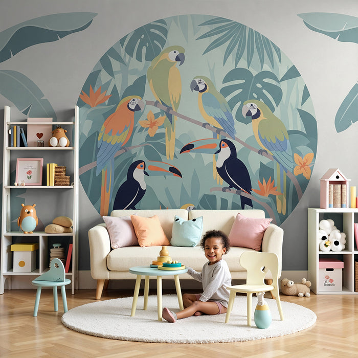 Papel de parede criança | Păsări tropicale colorate într-o junglă luxuriantă