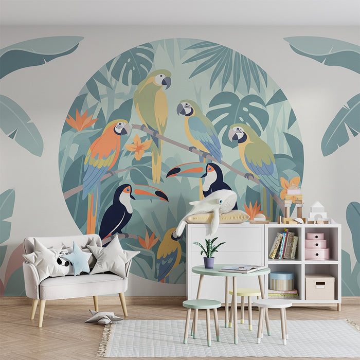 Papel de parede criança | Păsări tropicale colorate într-o junglă luxuriantă