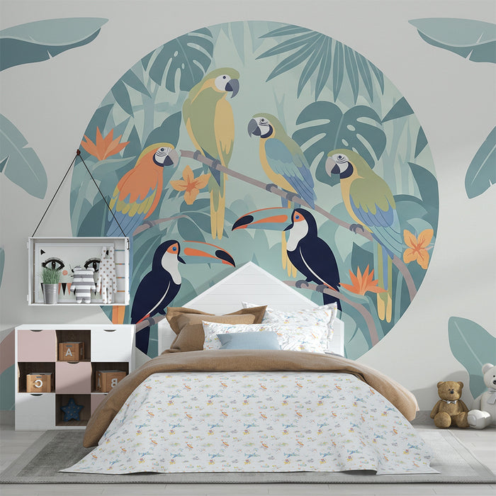 Papel de parede criança | Păsări tropicale colorate într-o junglă luxuriantă