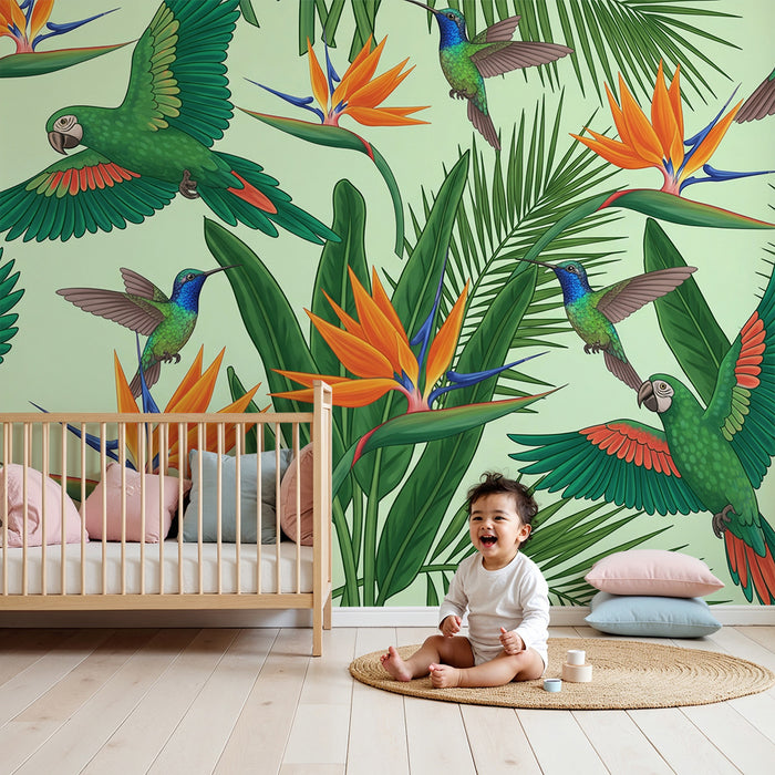 Papel de parede criança | Pássaros tropicais e flores exóticas numa selva vibrante
