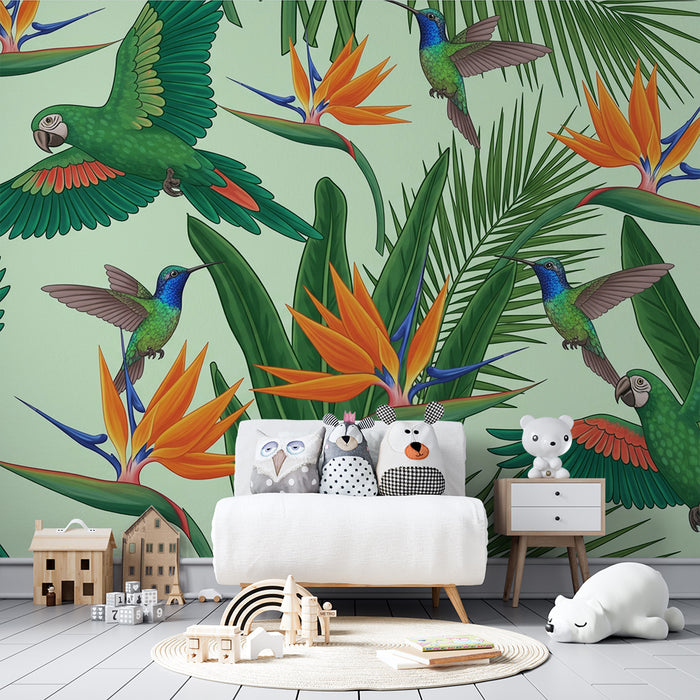 Papel de parede criança | Pássaros tropicais e flores exóticas numa selva vibrante