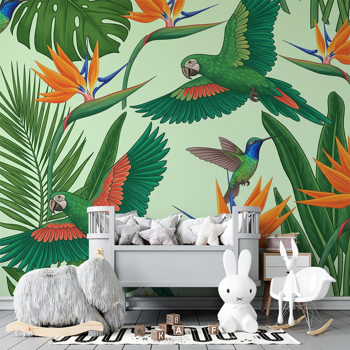 Papel de parede criança | Pássaros tropicais e flores exóticas numa selva vibrante