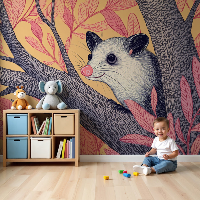 Kinderzimmer Tapete | Neugieriger Opossum und bunte Blätter