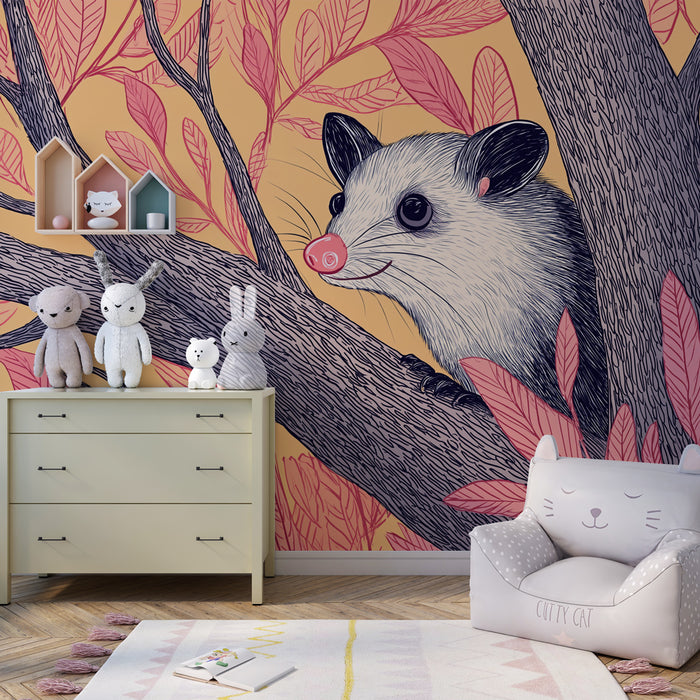 Kinderzimmer Tapete | Neugieriger Opossum und bunte Blätter