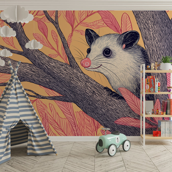 Kinderzimmer Tapete | Neugieriger Opossum und bunte Blätter