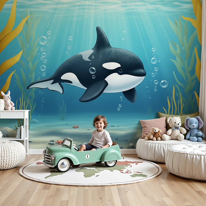 Papier peint chambre enfant | Orque joyeuse nageant parmi les algues marines