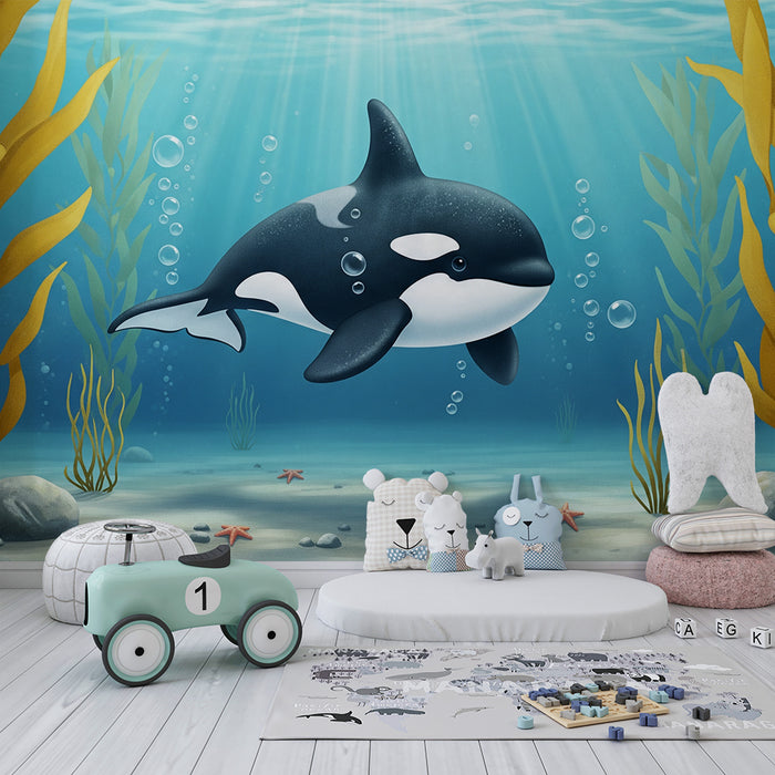 Papier peint chambre enfant | Orque joyeuse nageant parmi les algues marines