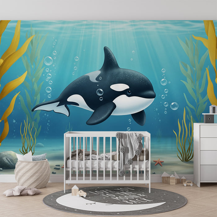 Papier peint chambre enfant | Orque joyeuse nageant parmi les algues marines