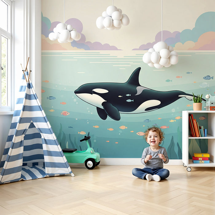 Kinderzimmer Tapete | Majestätischer Orca schwimmt unter bunten Fischen