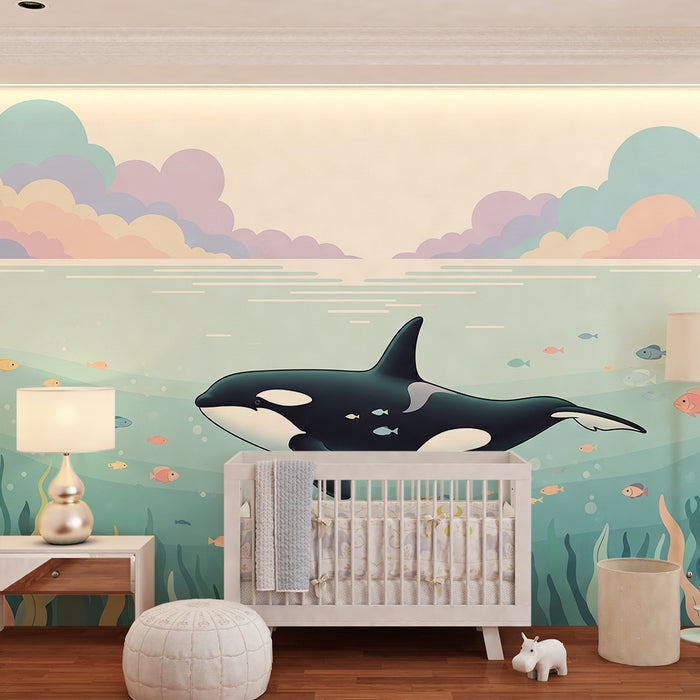 Kinderzimmer Tapete | Majestätischer Orca schwimmt unter bunten Fischen