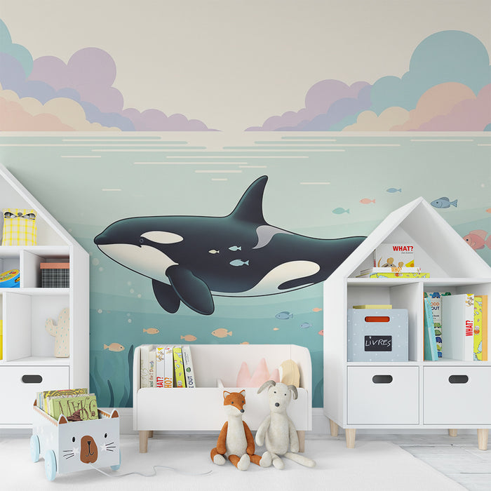 Kinderzimmer Tapete | Majestätischer Orca schwimmt unter bunten Fischen