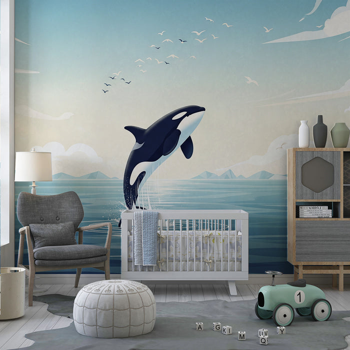 Papier peint chambre enfant | Orque majestueuse sautant dans l'océan
