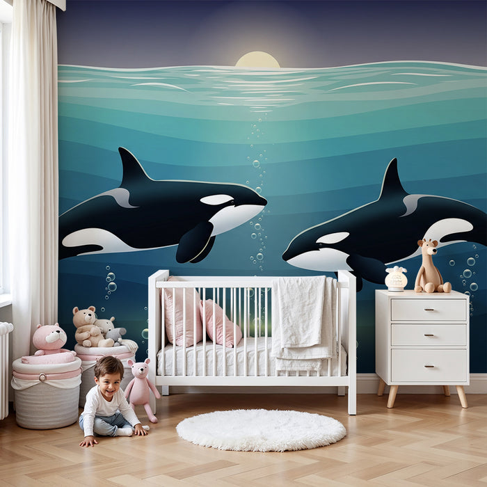Papier peint chambre enfant | Orques dans l océan avec des bulles d'eau