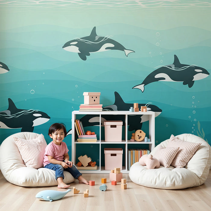 Papel de parede para quarto infantil | Orcas num oceano calmante em tons de azul