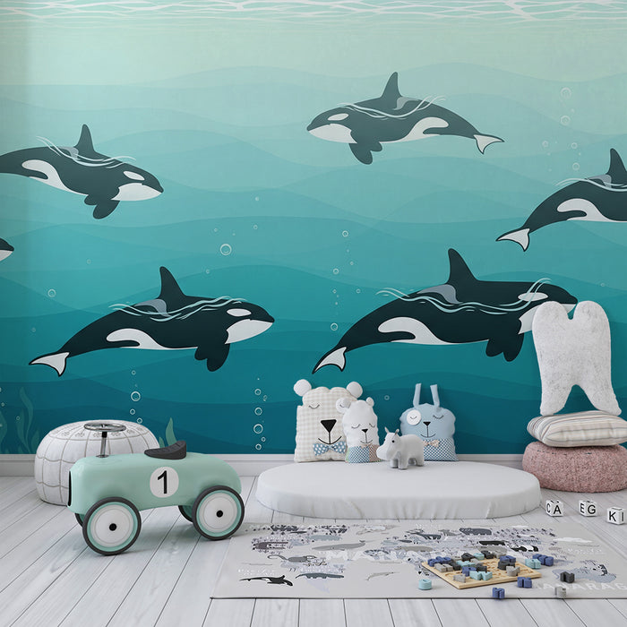 Papel de parede para quarto infantil | Orcas num oceano calmante em tons de azul