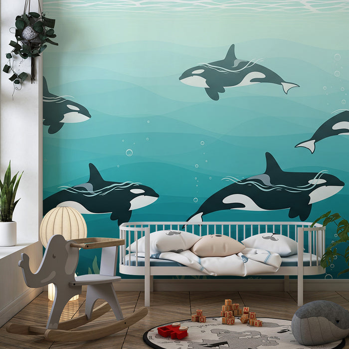 Papel de parede para quarto infantil | Orcas num oceano calmante em tons de azul