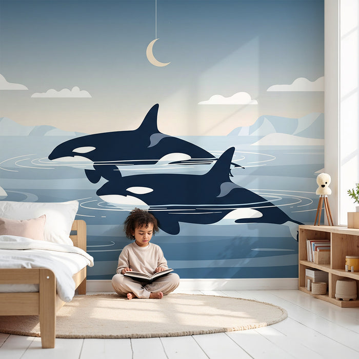Papier peint chambre enfant | Orques dans un paysage marin apaisant