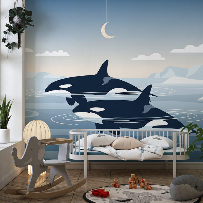 Papier peint chambre enfant | Orques dans un paysage marin apaisant