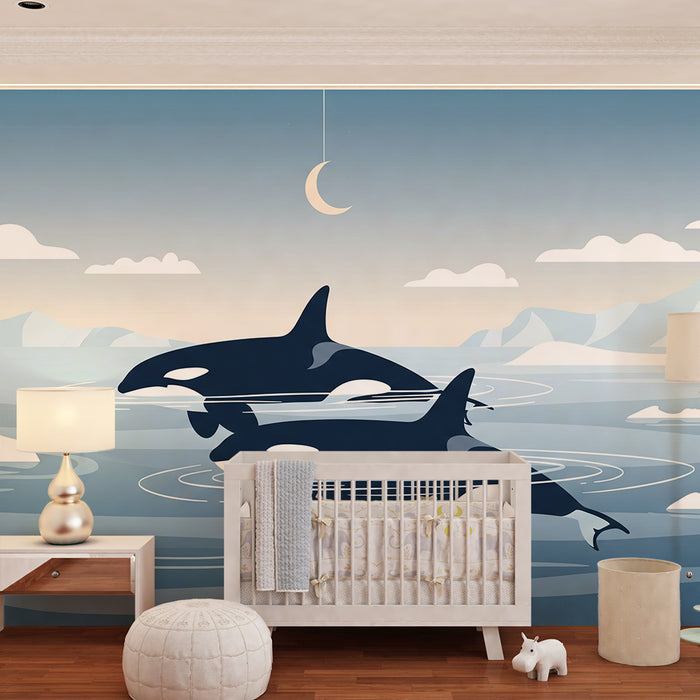 Papier peint chambre enfant | Orques dans un paysage marin apaisant