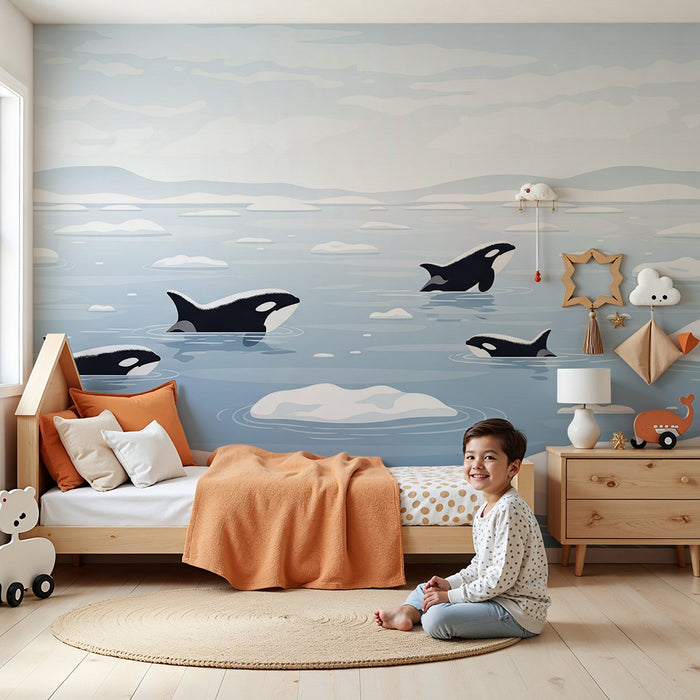 Papier peint chambre enfant | Orques dans un paysage polaire avec icebergs