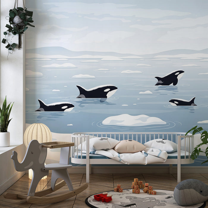 Papier peint chambre enfant | Orques dans un paysage polaire avec icebergs